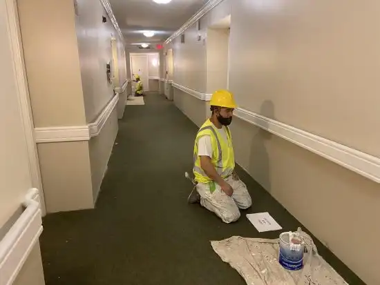 Professional painters working in an apartment hallway