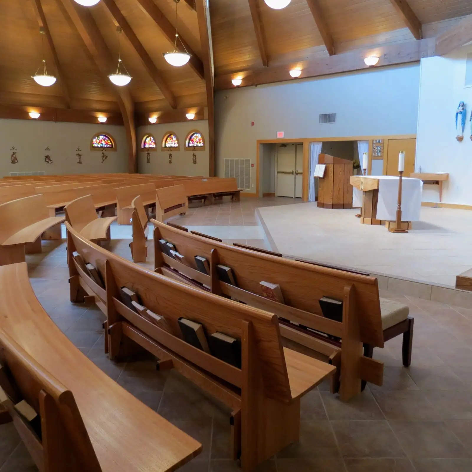 Beautifully painted church interior with wooden pews
